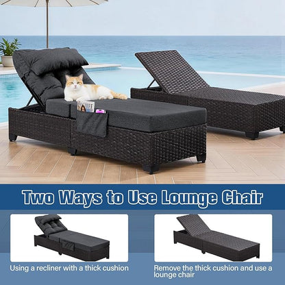 Outdoor Chaise Lounge Chair, Patio Rattan Adjustable Recliner with 5-Inch Thick Cushion, Heavy Duty Metal Lounger for Pool Beach Yard (Gray)