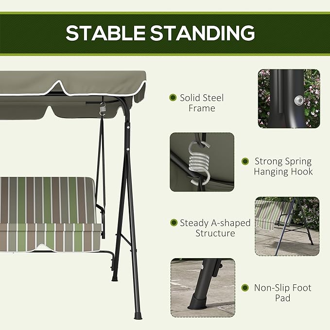 Outsunny 3-Seat Outdoor Patio Swing Chair with Removable Cushion, Steel Frame Stand and Adjustable Tilt Canopy for Patio - Photo 3