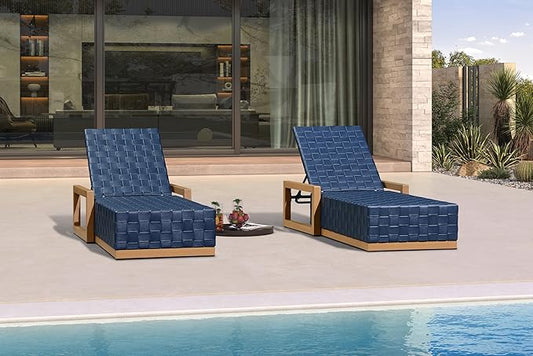 PURPLE LEAF Outdoor Chaise Lounge Set of 2, PU Leather Patio Lounge Chair Aluminum Pool Lounge Chairs with 5-Position Adjustable Backrest for Pool, Deck, Garden, Sunbathing, Navy Blue