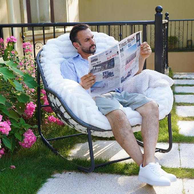 Outdoor Rocking Chair, Patio Wicker Egg Chair, Indoor Comfy Oversized Papasan Chair with Padded Cushion, Royal Rattan Rocker for Front Porch, Garden, Patio (White)
