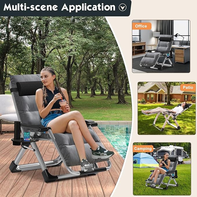 MOPHOTO Zero Gravity Chair, Outdoor Padded Lounge Chair with Side Table, Zero Gravity Recliner Chair, Outdoor Reclining Chair, Sturdy & Comfortable, Supports up to 440lbs
