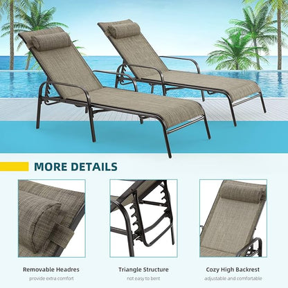 EROMMY Patio Chaise Lounge, Set of 2 Outdoor Lounge Chair, for Beach Pool Sunbathing Lawn Pool Lounge Chairs Outside Tanning Chairs for All Weather