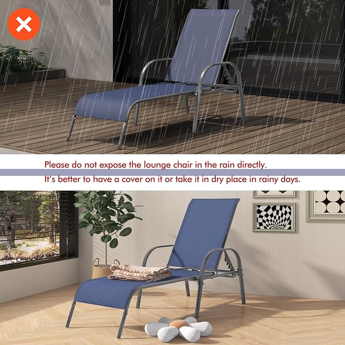 Tangkula Outdoor Lounge Chair, Patio Chaise Lounge with Adjustable Backrest, Reclining Pool Lounge Chair for Outside with Heavy Duty Steel Frame for Beach, Yard, Balcony, Poolside (Navy)