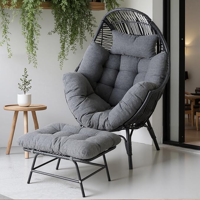 IRONCK Wicker Outdoor Egg Chair with Ottoman, Patio Lounge Chair with Footrest, Thickened Padded Cushion and Headrest - Photo 3