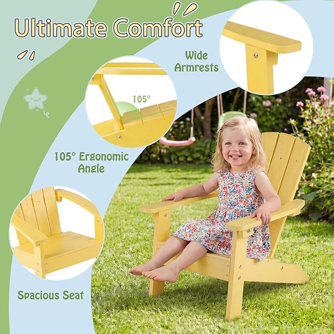 Giantex Kids Adirondack Chair, All-Weather HIPS Children's Outdoor Chair w/Ergonomic Design, Toddler Lawn Chairs for Age 3-8, Kids Beach Chair for Garden Patio Backyard (2,Yellow)