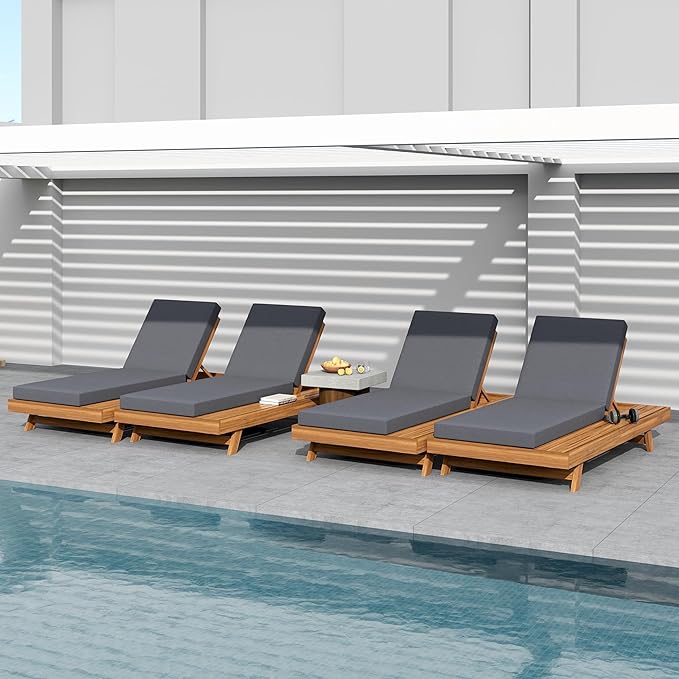 2-Piece Patio Lounge Chair Set with Side Space, Outdoor Chaise Lounge Adjustable & Breathable Acacia Wood Frame, Water-Resistant Cushions(Dark Gray & 4 Inch Thick & Double FOLD)