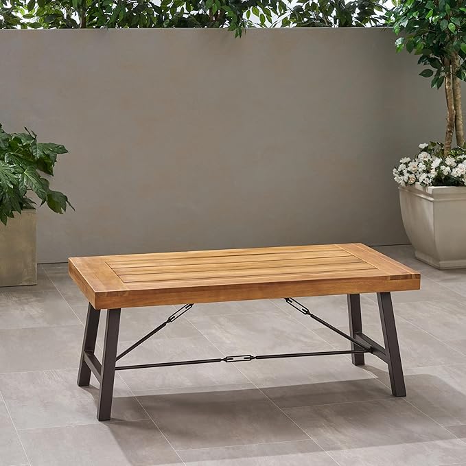 Harper & Bright Designs Outdoor Acacia Wood Coffee Table, Teak Finish/Rustic Metal Brown and Black, 27.25" D x 45.75" W x 18" H