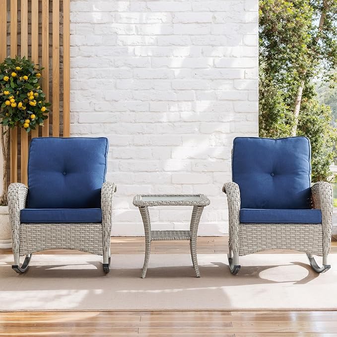 Patio Rocking Chair: Outdoor Wicker Rocker Porch Rocking Chair with Removable Cushion, 300 Lb Weight Capacity Rattan Rocking Seating for Balcony Garden Light Grey/Blue