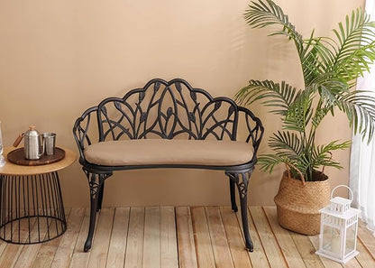 Tulip Patio Garden Bench Metal Park Bench Cast Aluminum Outdoor Furniture with Floral Rose for Patio,Park,Lawn,Yard Black Withe Cushion