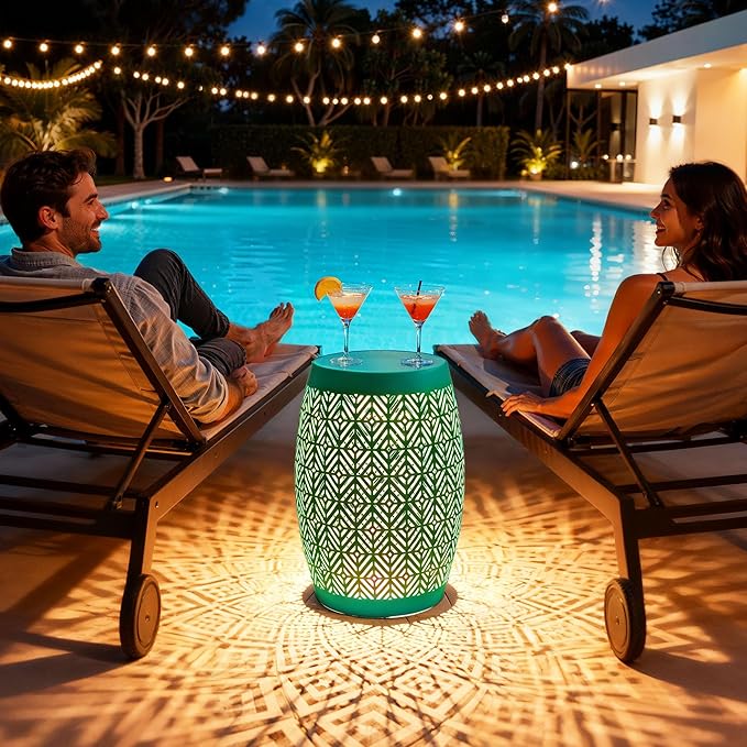 Large Side Table Outdoor,18" H LED Light Metal End Table with Geometric Cut-Out Design, Hollow Drum Coffee Accent Table Plant Stand with No Assembly & Weather-Resistant for Patio, Garden, Indoor