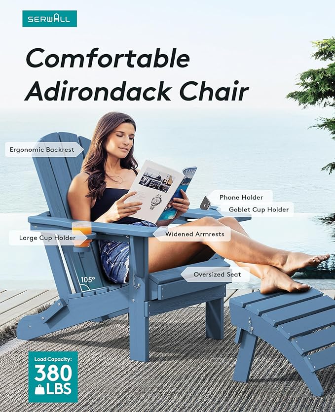 SERWALL Folding Adirondack Chair, HDPE Adirondack Chairs Set of 4 - Photo 3