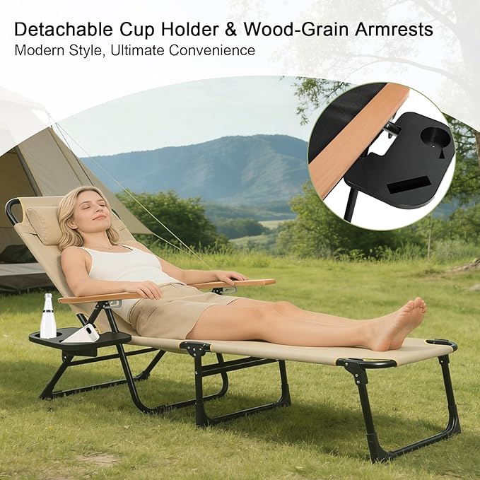 Folding Lounge Chairs for Outside, Beach Patio Lounge Chair, Sunbathing/Tanning Chair with 4 Adjustable Backrest & Cup & Pillow,Holds 330 Lb, Outdoor Garden Pool (Beige)