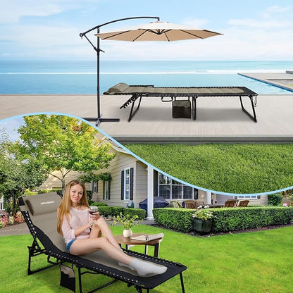 Oversized Padded Outdoor Folding Lounge Chair for Adults 330Ibs Patio Chaise Lounge Chair for Outside Adjustable 5-Position Reclining Beach Chair with Pillow Pocket