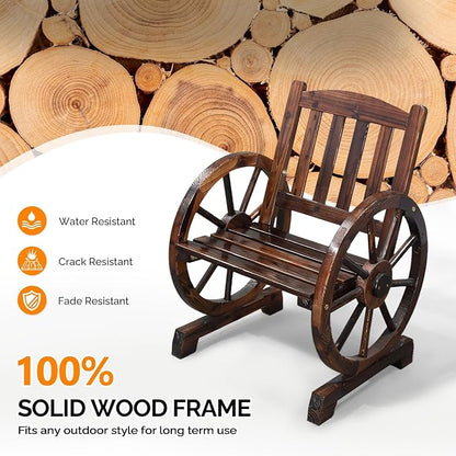 VINGLI Rustic Wooden Patio Chair with Wagon Wheel Armrests, Outdoor Dining Chairs Solid Wood Frame Seating for Farmhouse Garden Porch Lawn Balcony (Rustic, Chair)