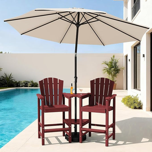 KINGYES Tall Adirondack Chair Set of 2 with 9FT Umbrella, HDPE Tall Adirondack Barstools with Double Connecting Trays, Embossed Bar Height Adirondack Chair for Balcony, Red