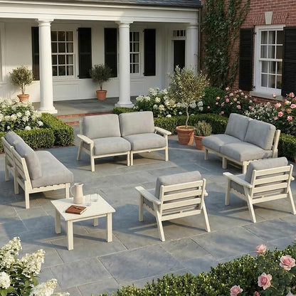 HDPE Patio Furniture Set 8 Seats, Outdoor Couch with Washable Thick Gray Cushions & Side Table, Outdoor Sectional Furniture for Backyard, Deck, Lawn, Porch (White Frame)