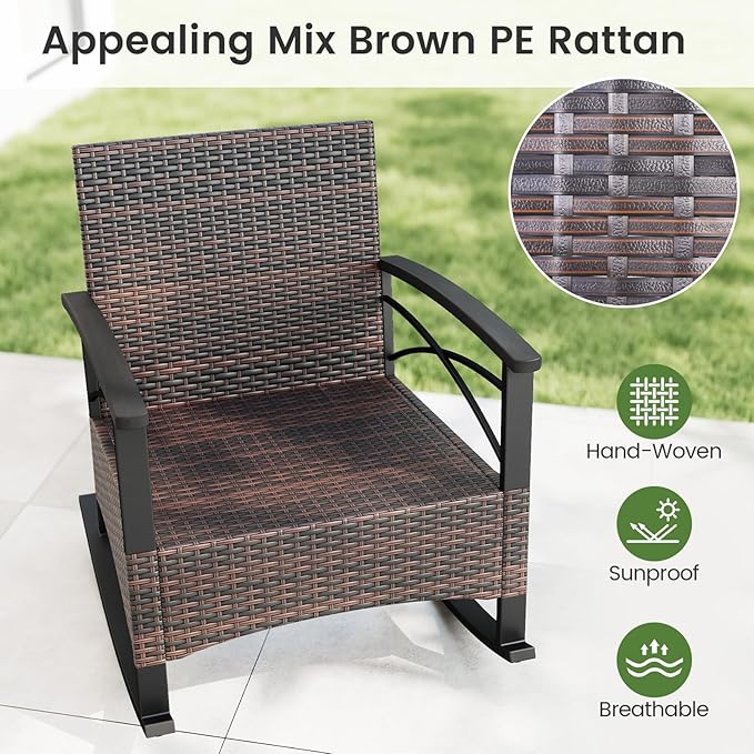 Tangkula 3 Pieces Outdoor Rocking Chairs Set, Rattan Heavy Duty Cushioned Rocker Chairs with 2-Tier Tempered Glass Coffee Table, for Garden, Balcony, Backyard (Gray)