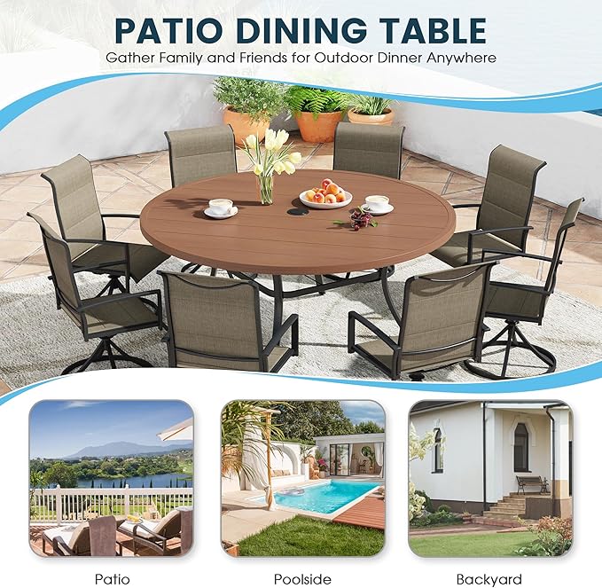 Patio Dining Table for 8-10, Round Metal Outdoor Table with 1.57" Umbrella Hole, 60" Outdoor Slat Tabletop Dining Table for Backyard, Porch, Lawn, Walnut