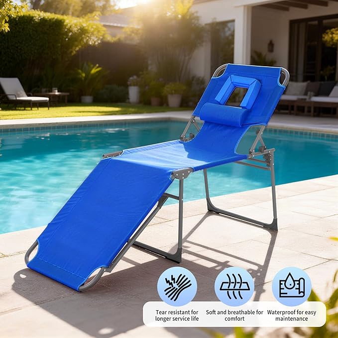 Tanning Chair with Face Hole Folding Beach Lounge Chair,5-Position Adjustable Backrest, Pillow & Side Pocket,Portable Face Down Chaise Lounge for Outdoor Backyard Poolside,Beach, Patio,Blue