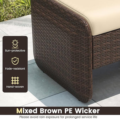 Tangkula 2 Pieces Patio PE Wicker Ottomans with Removable Cushions, Multipurpose Outdoor Furniture for Additional Seating, Footrest and Side Table, Outdoor Footstools for Porch, Backyard (Beige)