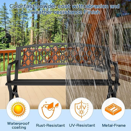 Outdoor Bench Garden Benchs, Weatherproof Anti-Rust Heavy-Duty Outside Bench Clearance, Wrought Iron Metal Bench for Front Porch, Patio, Park, Ergonomic Backrest, Slatted Seat