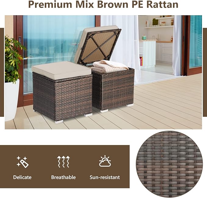 Tangkula 2 Pieces Patio Ottomans, Patiojoy Hand-Woven PE Rattan Side Table with Removable Cushion & Hidden Storage Space - Photo 7