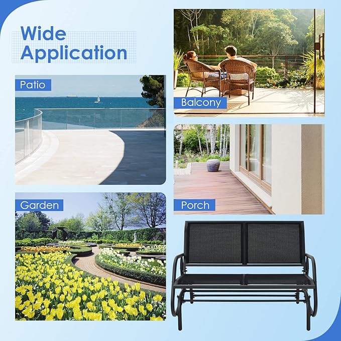 Giantex Swing Glider Chair 48 Inch with Spacious Space, 2 People Swing Lounge Glider Chair Cozy Patio Bench Outdoor & Indoor for Patio, Backyard, Poolside, Lawn Steel Rocking Garden Loveseat (Black)