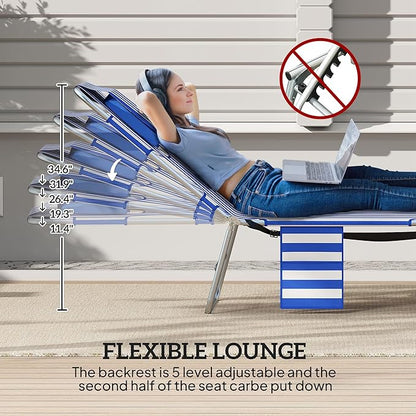 Outsunny Chaise Lounge Chair Outdoor with Face Arm Hole, 5-Position Reclining Face Down Tanning Chair with Carry Strap, Side Pocket, Portable Folding Bed Cot for Patio Beach Pool, Blue Stripe