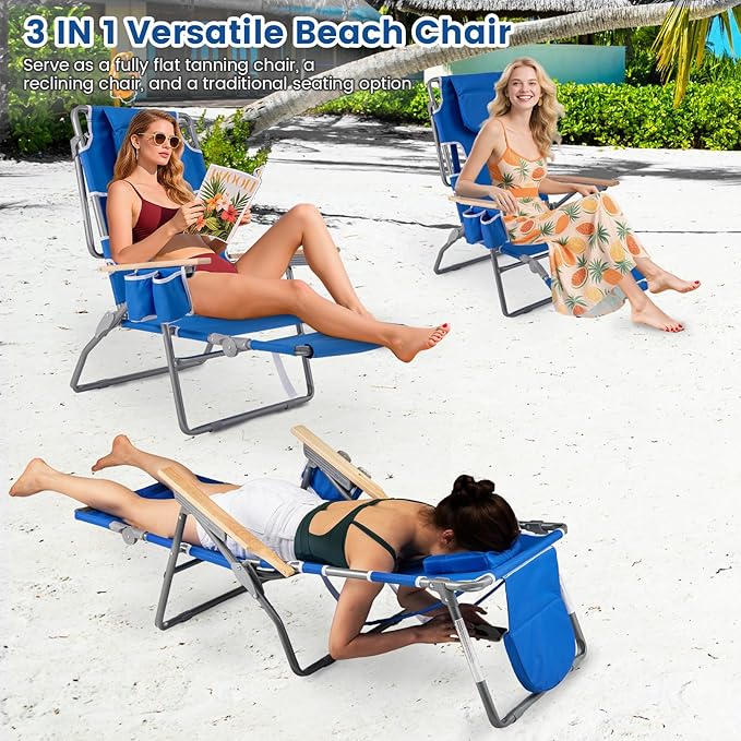 Goplus 3-in-1 Foldable Beach Chair, Lay-Flat Tanning Chair with Face and Arm Holes, Footrest, 330 lbs Heavy-Duty Portable Reclining Lounge Chairs for Outside, Camping, Patio, Poolside, Lawn (1,Navy)
