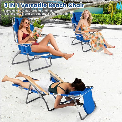 Goplus 3-in-1 Foldable Beach Chair, Lay-Flat Tanning Chair with Face and Arm Holes, Footrest, 330 lbs Heavy-Duty Portable Reclining Lounge Chairs for Outside, Camping, Patio, Poolside, Lawn (1,Navy)