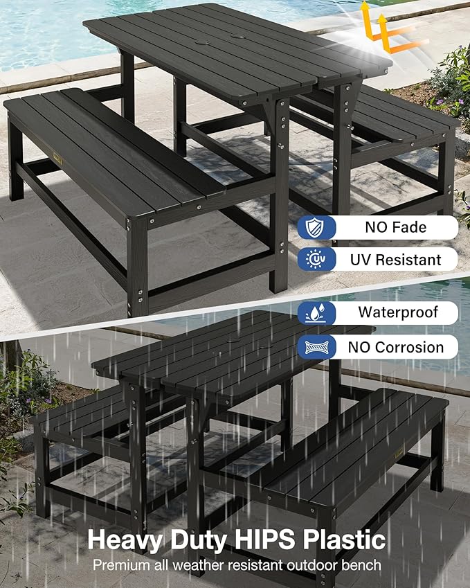 YEFU Convertible Bench Picnic Table: HIPS Convert a Bench with Umbrella Hole - Foldable Space-Saving Picnic Outdoor Benches for Outside Patio Porch Backyard Park Garden Black