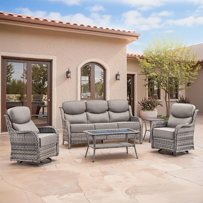 Swivel Patio Chairs sofa Set of 5 with 6" Thick Cushion - Wicker Outdoor Swivel Rocker Patio Chair ,Sofa/Glass coffee - Photo 1