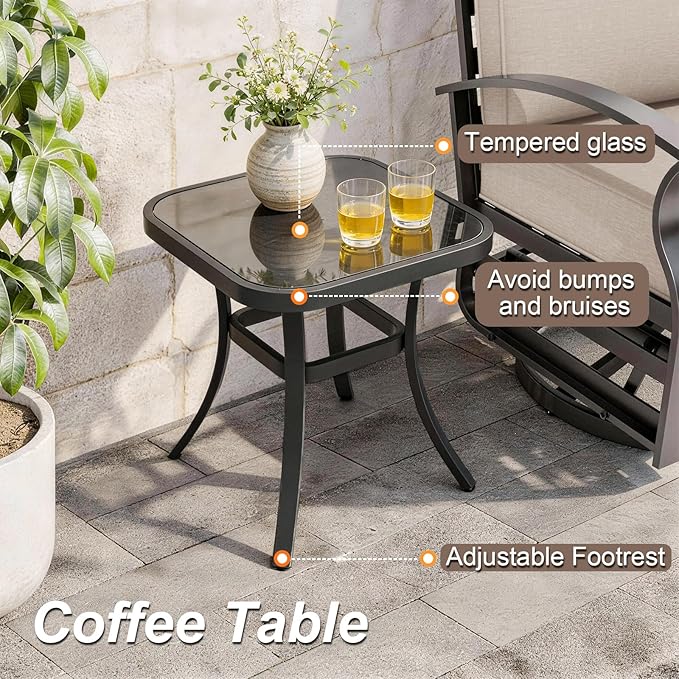 Gotland 3 Piece Patio Set, Metal Outdoor Swivel Chairs Set of 2 with 5.1’’ High-Resilience Seat Cushions Tempered Glass - Photo 5