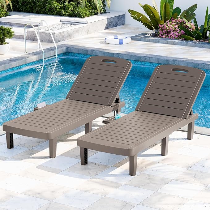 Outdoor Chaise Lounge Set of 2, 5-Position Adjustable Sun Lounge w/Pull-Out Tray, Waterproof PP Lounge Chairs for Outside, Lounge Chairs for Poolside, Patio, Beach, Yard in All Weather,Taupe