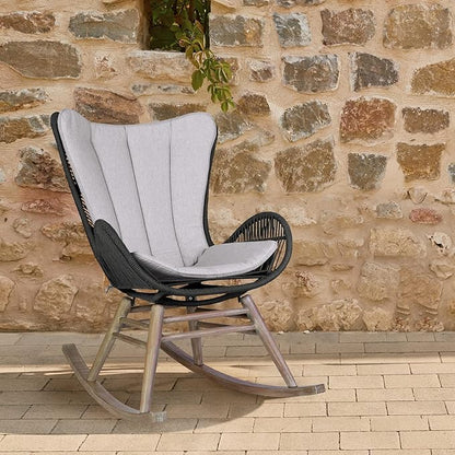 Armen Living Fanny Outdoor Patio Rocking Chair in Light Eucalyptus Wood and Charcoal Rope