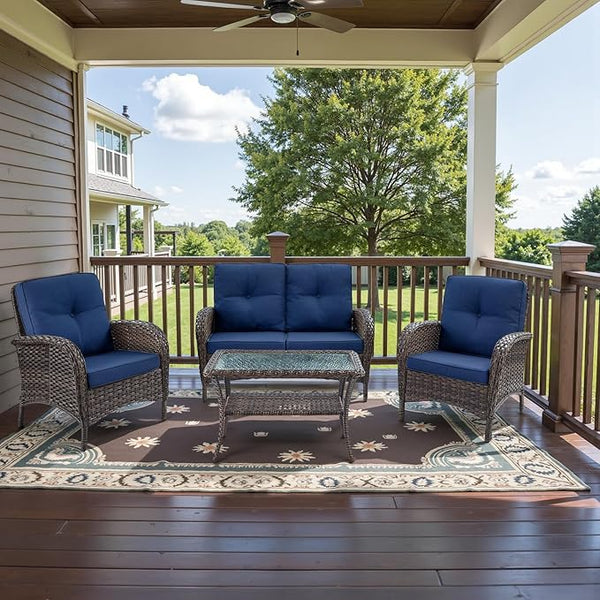Belord Outdoor Wicker Loveseat Furniture Set of 4 with Coffee Table for Porch Deck Balcony - Photo 1