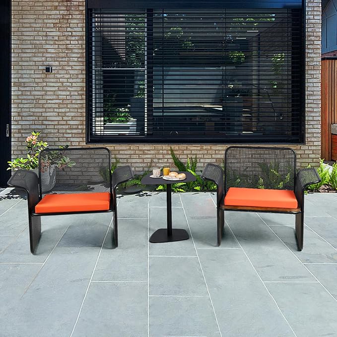 LOKKHAN Modern Outdoor Loveseat Mesh Bench Black Metal Frame with Orange Water-Resistant Cushion, 27.6H x 24.6W x 23.9D Inches, Contemporary Minimalist Patio Lounge Chair, Single Seat