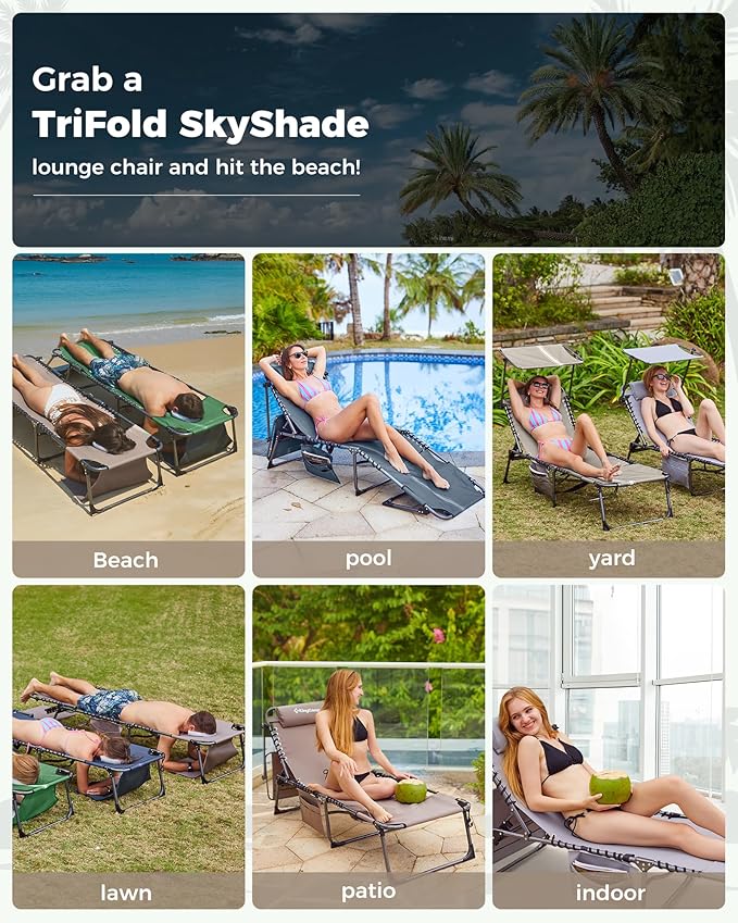 KingCamp 2 Pack Tanning Chair with Face Hole, Lounge Chairs Outdoor Folding Portable Comfy Adjustable 5-Position Foldable Chaise Chaser with Canopy Shade for Outside Beach, Grey