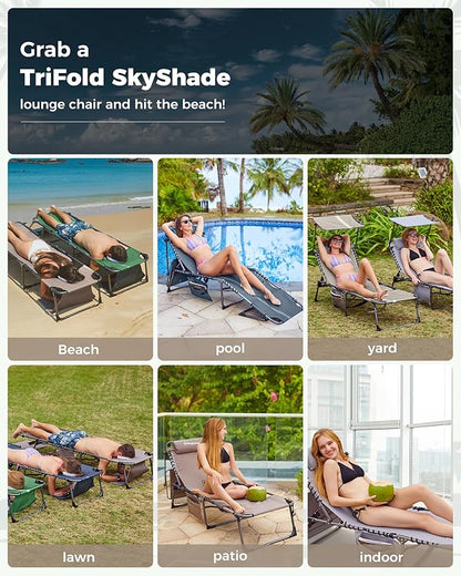 KingCamp 2 Pack Tanning Chair with Face Hole, Lounge Chairs Outdoor Folding Portable Comfy Adjustable 5-Position Foldable Chaise Chaser with Canopy Shade for Outside Beach, Grey