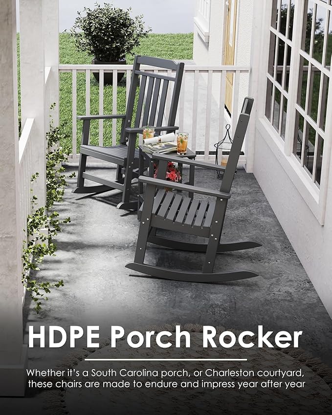 GREENVINES Outdoor-Rocking-Chairs-Set-of-2 | HDPE Plastic | Patio Rockers | Porch Rocker Chair | Oversized | High Back | Big & Tall | Grey