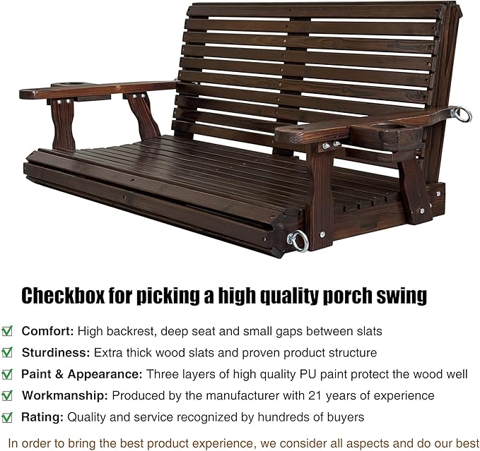 Wooden Porch Swing 2-Seater, High Backrest and Deep Seat, Bench Swing with Cupholders, Hanging Chains and 7mm Springs - Photo 4