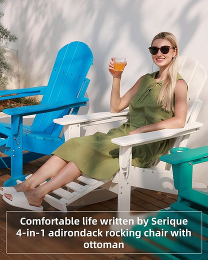 Folding Adirondack Rocking Chair,4-in-1 Multifunctional Patio Chair with Retractable Ottoman, Outdoor Chair Wood Texture, Lawn Chair for Porch, Backyard, Pool(Teak)