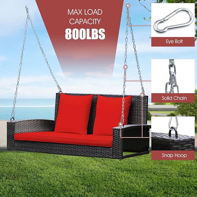 Tangkula 2-Person Wicker Porch Swing, Patiojoy Outdoor Rattan Hanging Swing Bench W/ 2 Back Cushions & 1 Seat Cushion - Photo 7