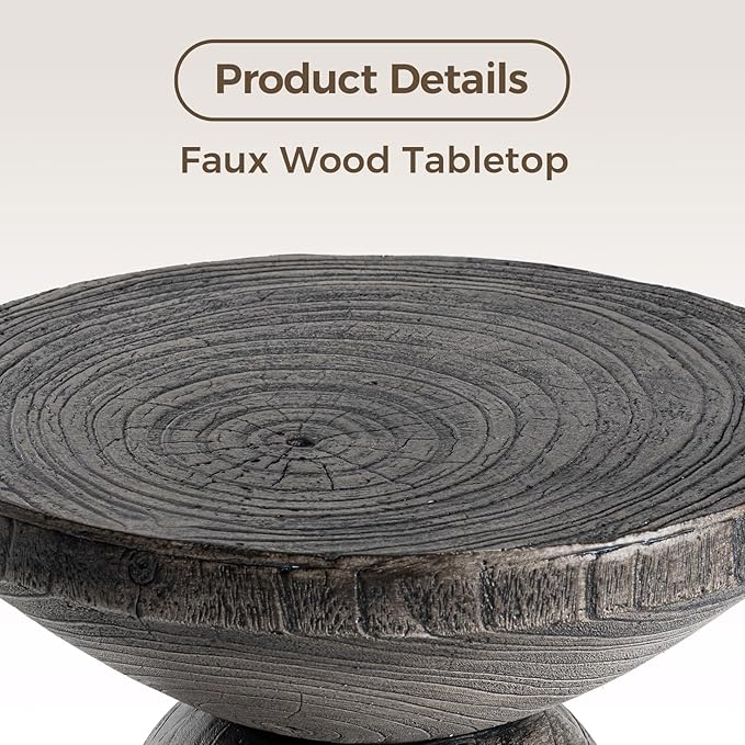 COSIEST Outdoor Side Table Colored Faux Wood, Stump End Stool w Tree Rings, Round Side Wood Tree End Table for Plant Stand, Deck or Garden, Grey