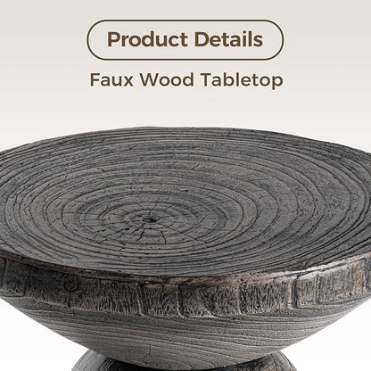 COSIEST Outdoor Side Table Colored Faux Wood, Stump End Stool w Tree Rings, Round Side Wood Tree End Table for Plant Stand, Deck or Garden, Grey