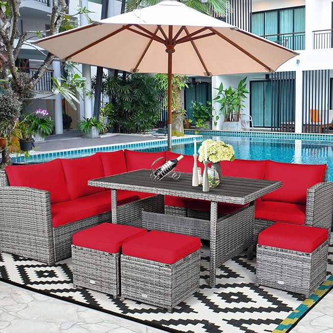 COSTWAY 7 PCS Wicker Outdoor Conversation Set, Patio Sectional Furniture Sofa Set with Table & Seat Cushions, Rattan Furniture Sets for Backyard Garden Poolside Porch, Red