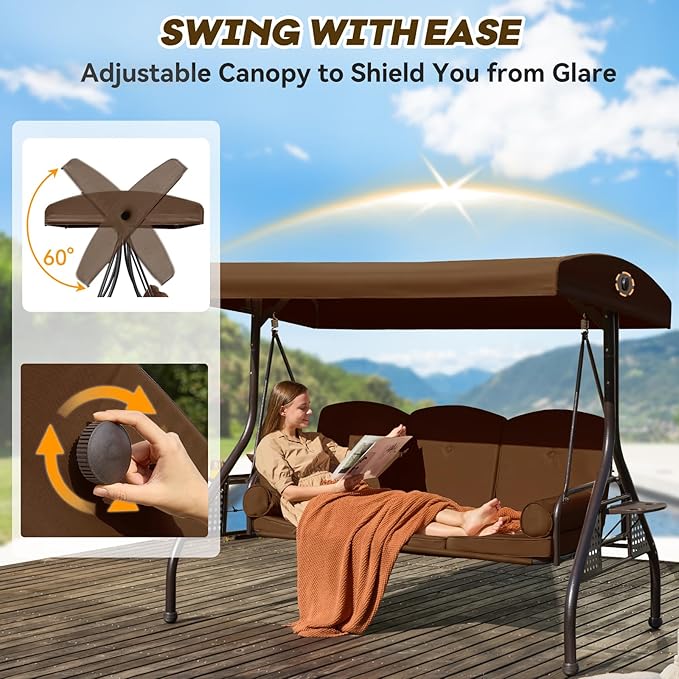 3 in 1 Patio Swing with Adjustable Canopy for Adults, 3 Seat Outdoor Swing with Thickened Cushions - Photo 4