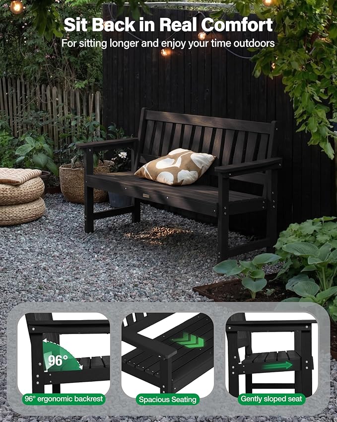 YEFU Outdoor Bench Weatherproof for Patio: 2-Person HIPS All Weather Garden Benches - Comfortable & Heavy Duty Patio Benches for Front Porch Backyard Park - Outside Furniture Bench Set of 2, Black