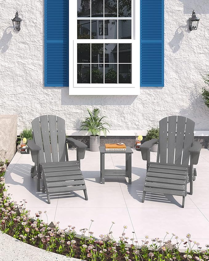 Garvee Folding Adirondack Chair with Ottoman, HDPE Outdoor Patio Chair with Cup Holder, All Weather Resistent Wooden Textured for patios, Decks, Gardens, fire Pit, Grey