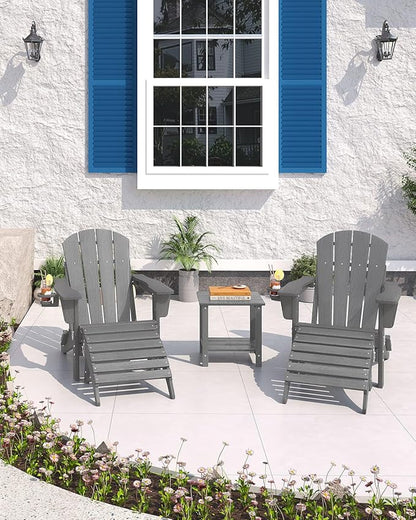 Garvee Folding Adirondack Chair with Ottoman, HDPE Outdoor Patio Chair with Cup Holder, All Weather Resistent Wooden Textured for patios, Decks, Gardens, fire Pit, Grey